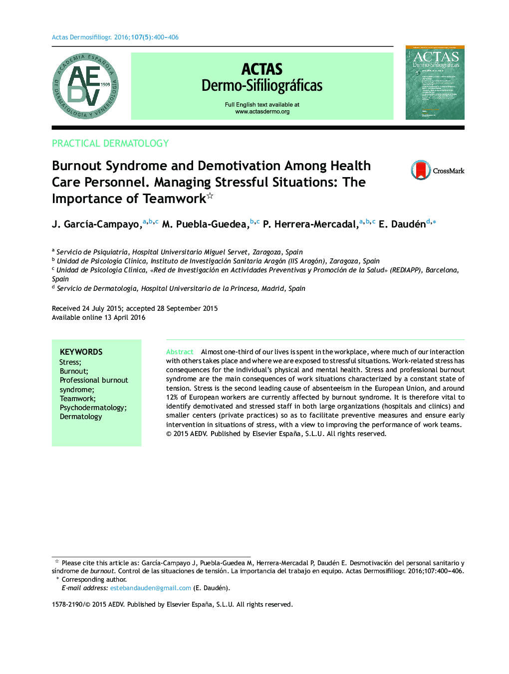 Burnout Syndrome and Demotivation Among Health Care Personnel. Managing Stressful Situations: The Importance of Teamwork 