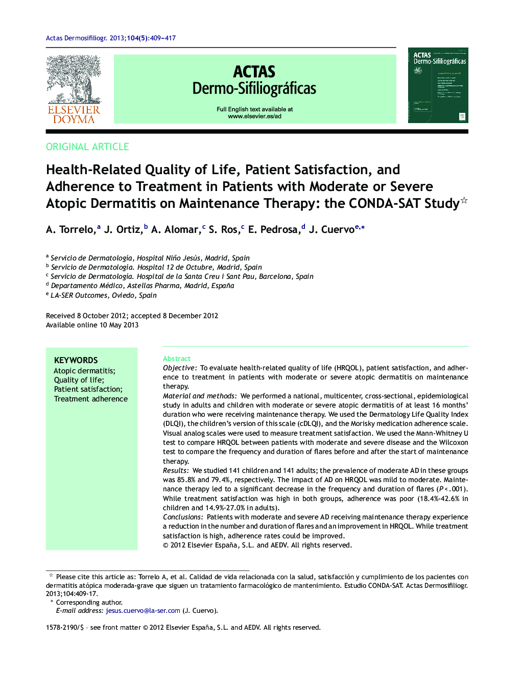 Health-Related Quality of Life, Patient Satisfaction, and Adherence to Treatment in Patients with Moderate or Severe Atopic Dermatitis on Maintenance Therapy: the CONDA-SAT Study 