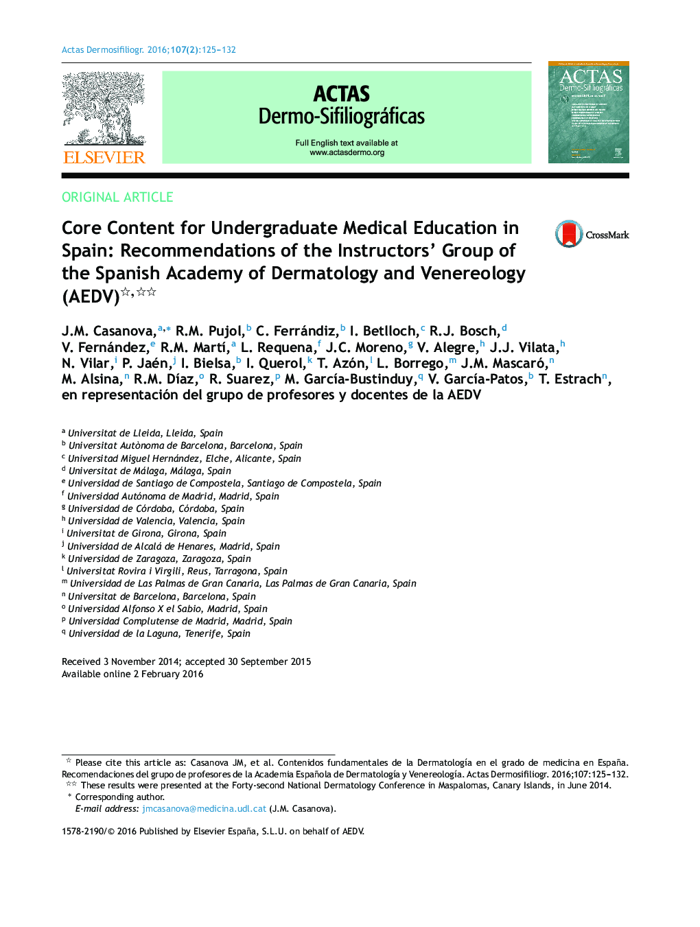 Core Content for Undergraduate Medical Education in Spain: Recommendations of the Instructors’ Group of the Spanish Academy of Dermatology and Venereology (AEDV) 