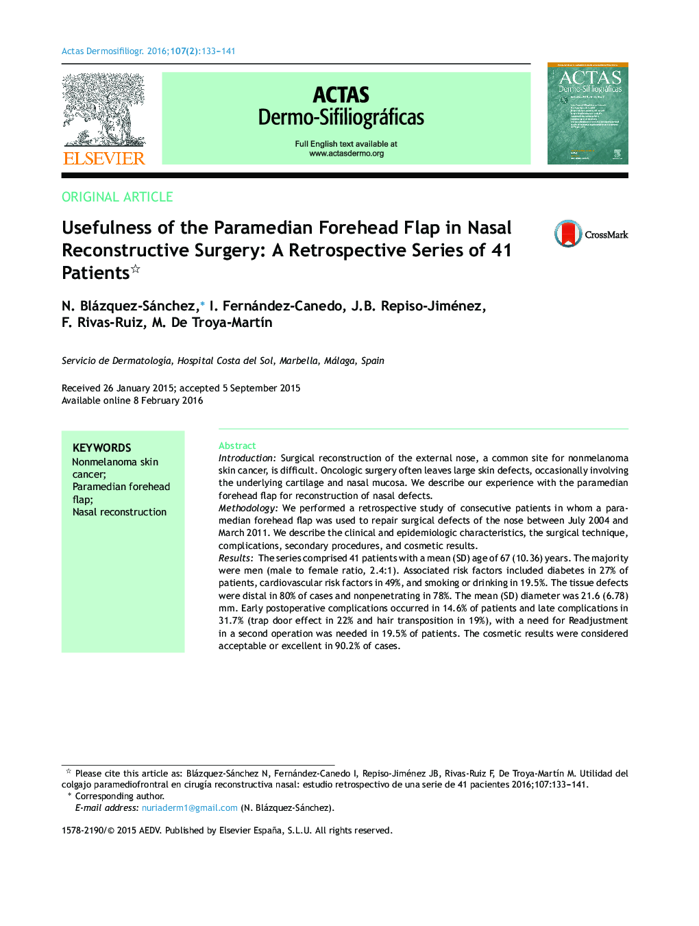 Usefulness of the Paramedian Forehead Flap in Nasal Reconstructive Surgery: A Retrospective Series of 41 Patients