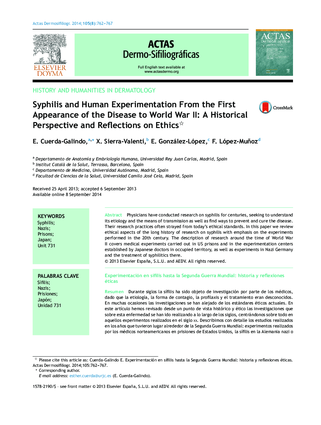 Syphilis and Human Experimentation From the First Appearance of the Disease to World War II: A Historical Perspective and Reflections on Ethics 