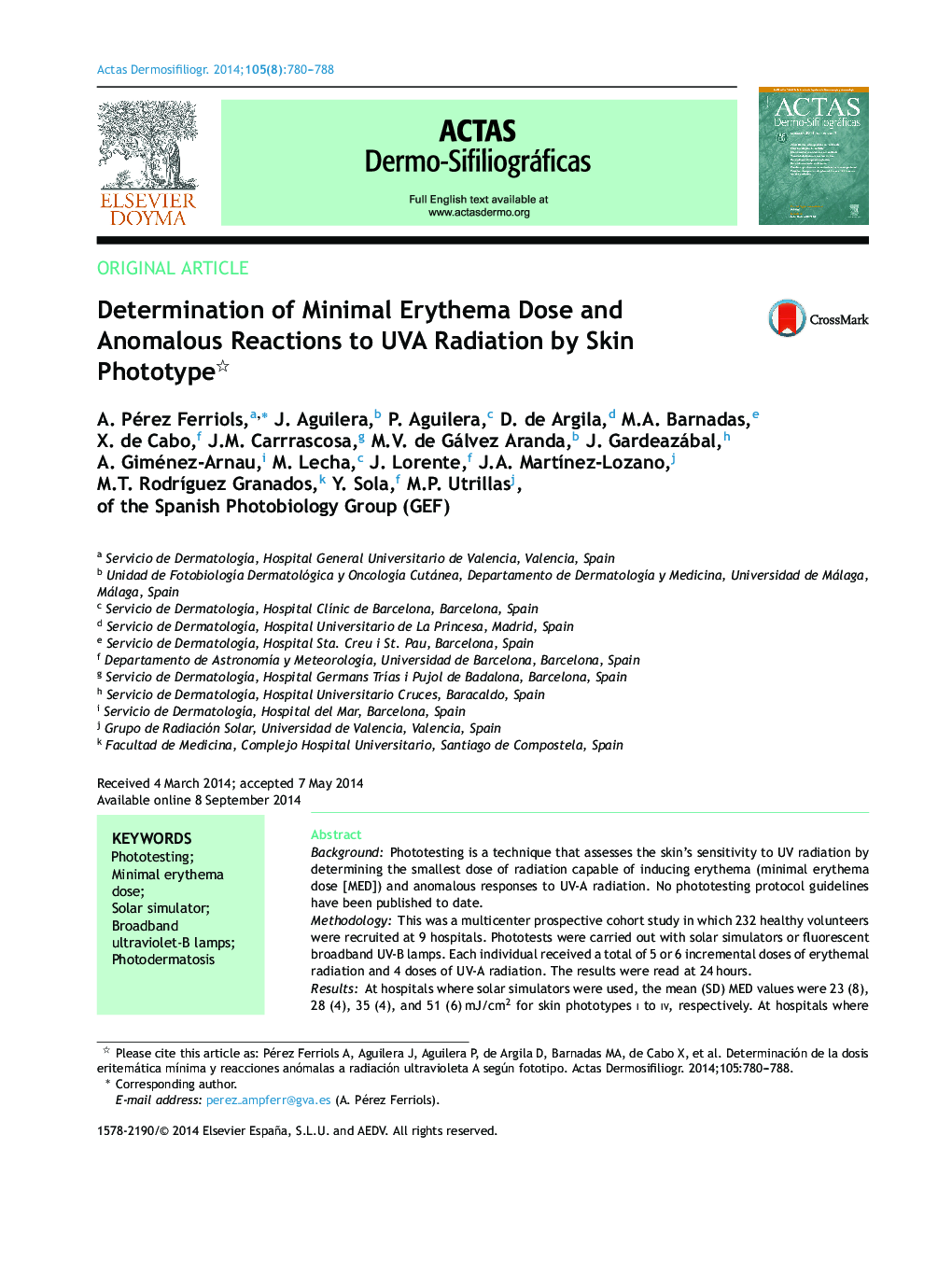 Determination of Minimal Erythema Dose and Anomalous Reactions to UVA Radiation by Skin Phototype 
