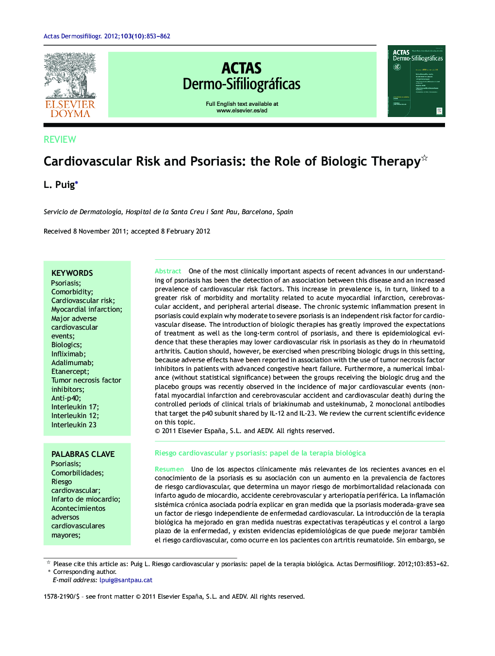 Cardiovascular Risk and Psoriasis: the Role of Biologic Therapy 