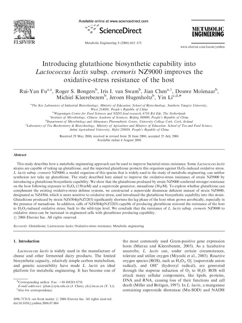 Introducing glutathione biosynthetic capability into Lactococcus lactis subsp. cremoris NZ9000 improves the oxidative-stress resistance of the host