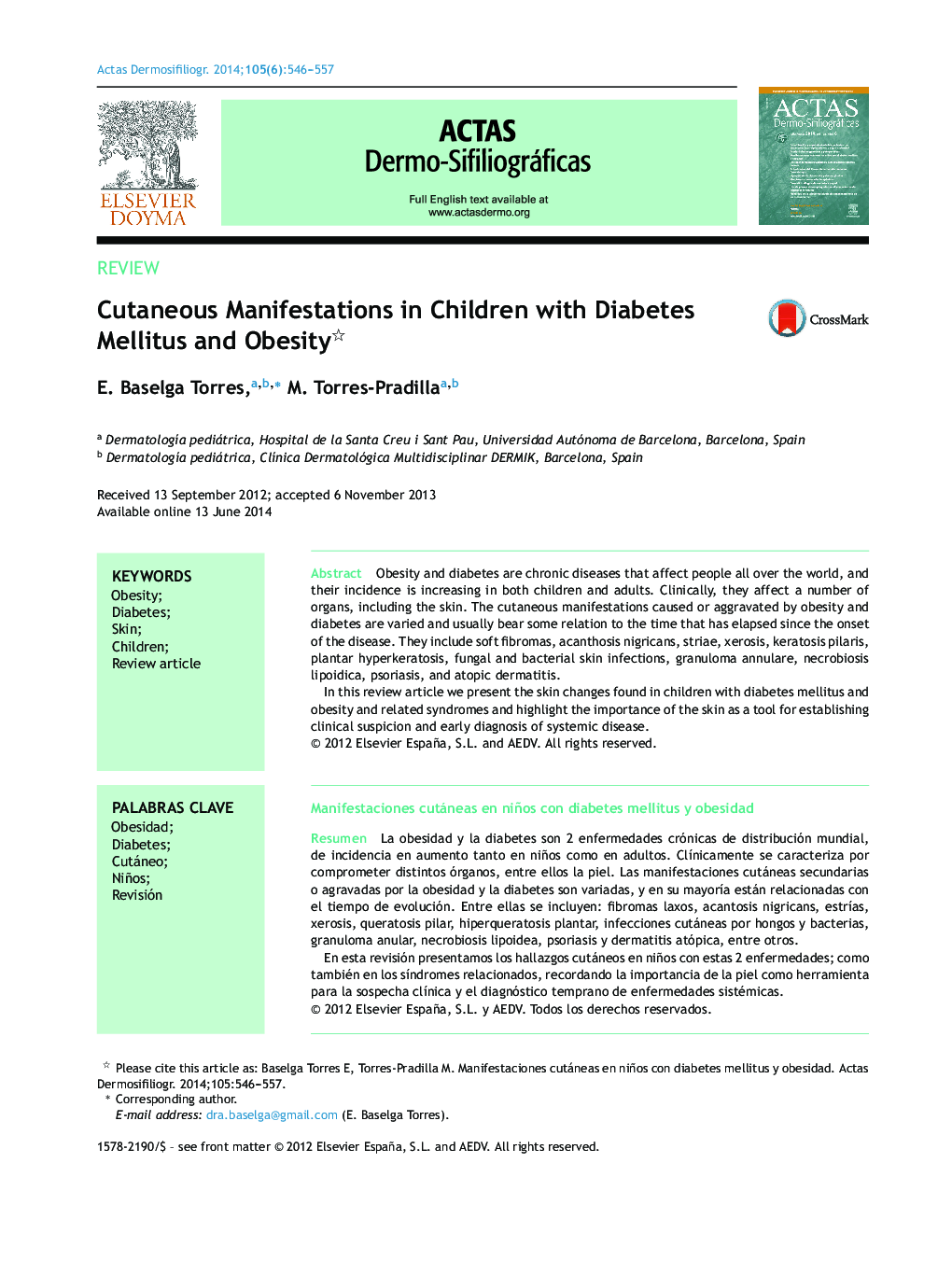 Cutaneous Manifestations in Children with Diabetes Mellitus and Obesity 