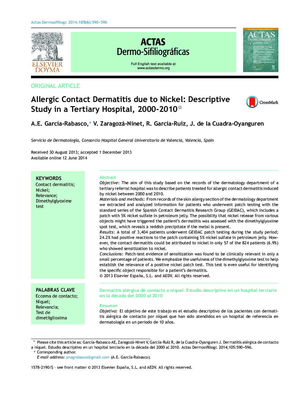Allergic Contact Dermatitis due to Nickel: Descriptive Study in a Tertiary Hospital, 2000-2010