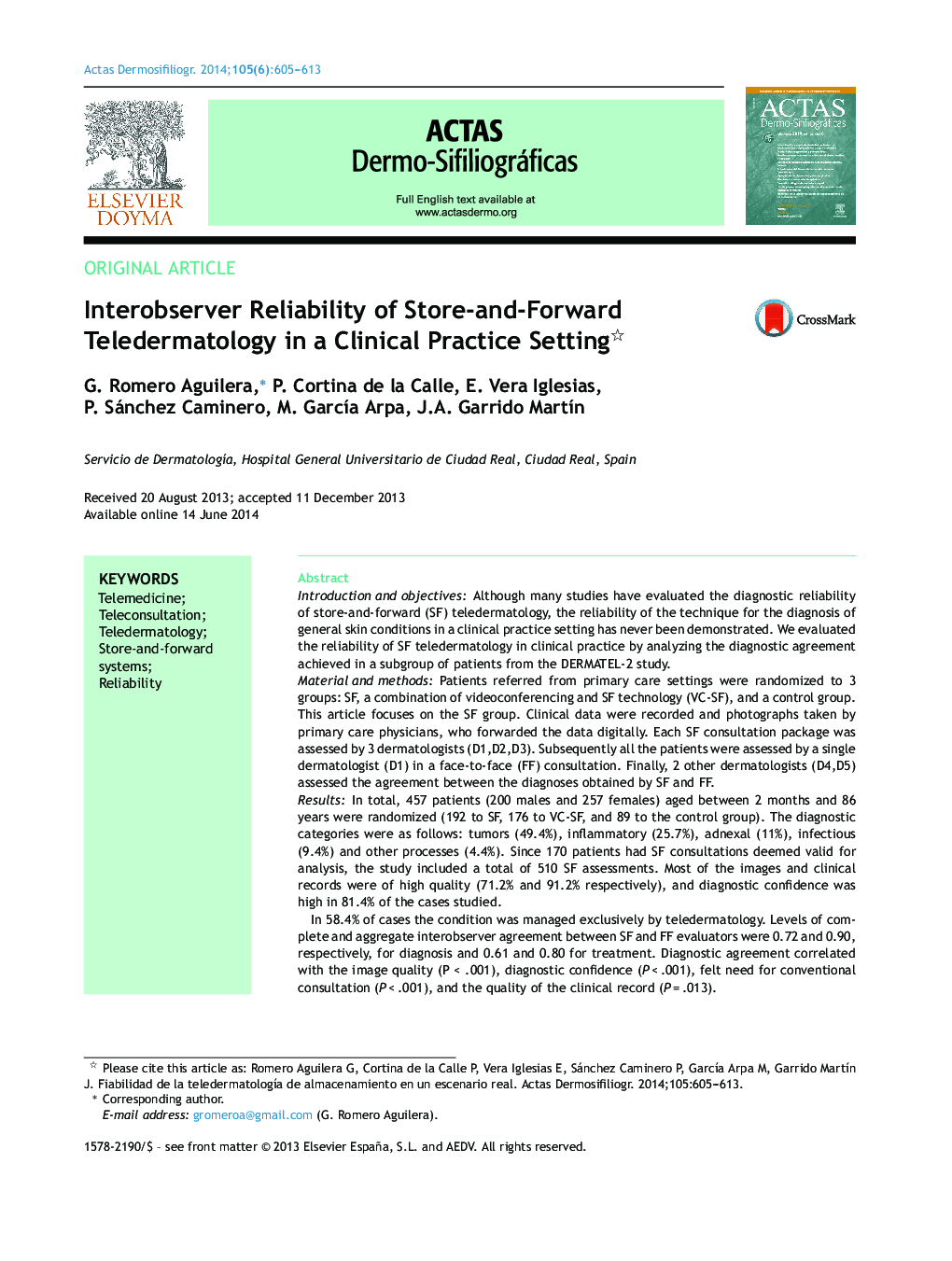 Interobserver Reliability of Store-and-Forward Teledermatology in a Clinical Practice Setting 
