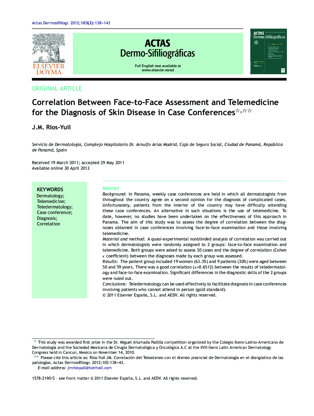 Correlation Between Face-to-Face Assessment and Telemedicine for the Diagnosis of Skin Disease in Case Conferences 