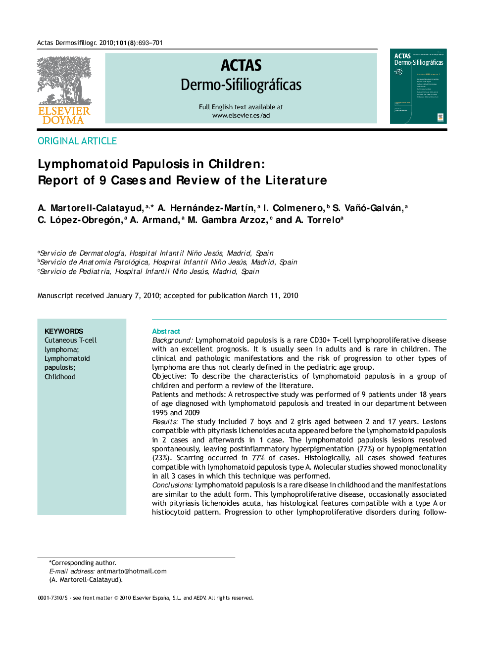 Lymphomatoid Papulosis in Children: Report of 9 Cases and Review of the Literature