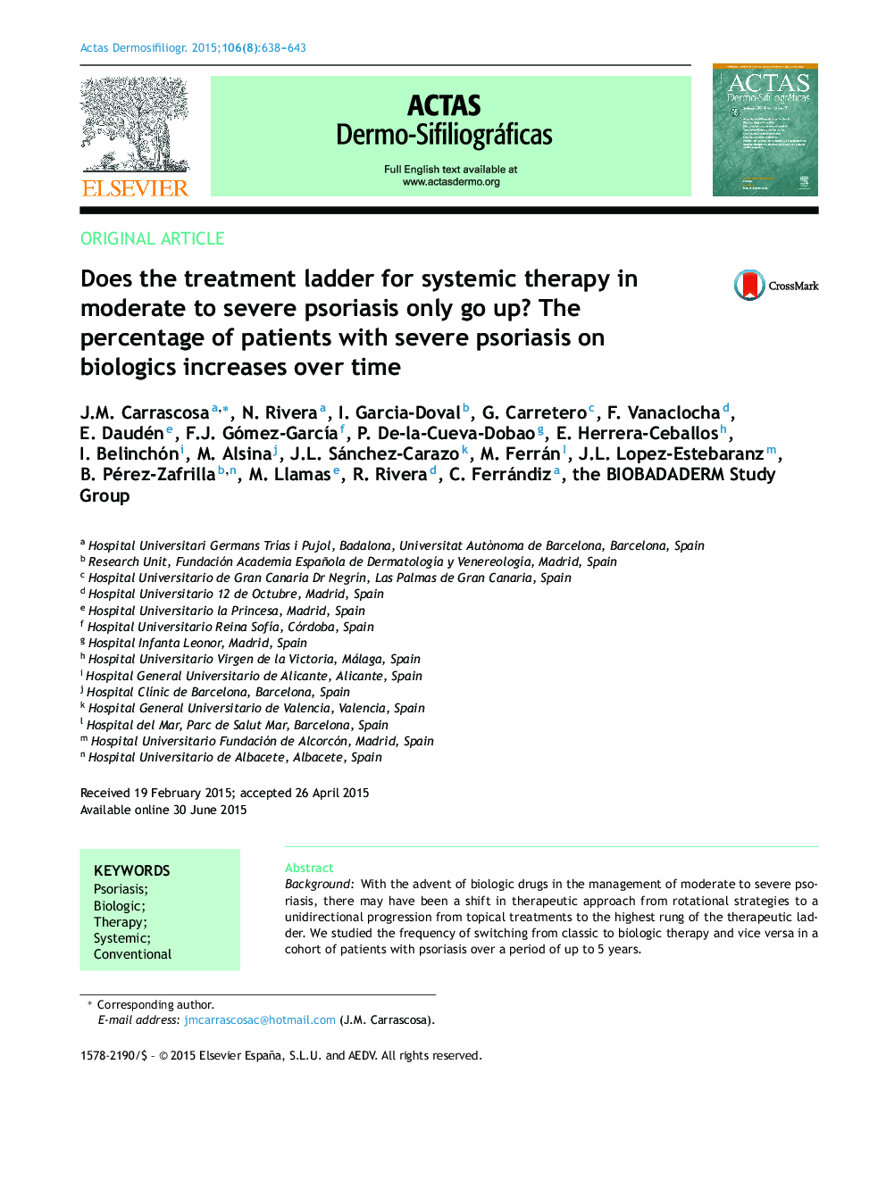 Does the treatment ladder for systemic therapy in moderate to severe psoriasis only go up? The percentage of patients with severe psoriasis on biologics increases over time