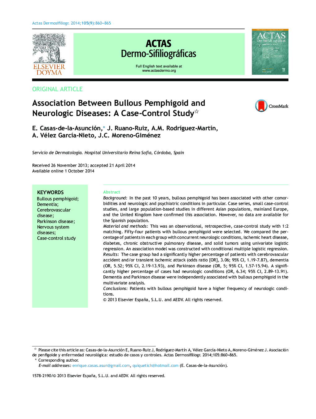 Association Between Bullous Pemphigoid and Neurologic Diseases: A Case-Control Study 