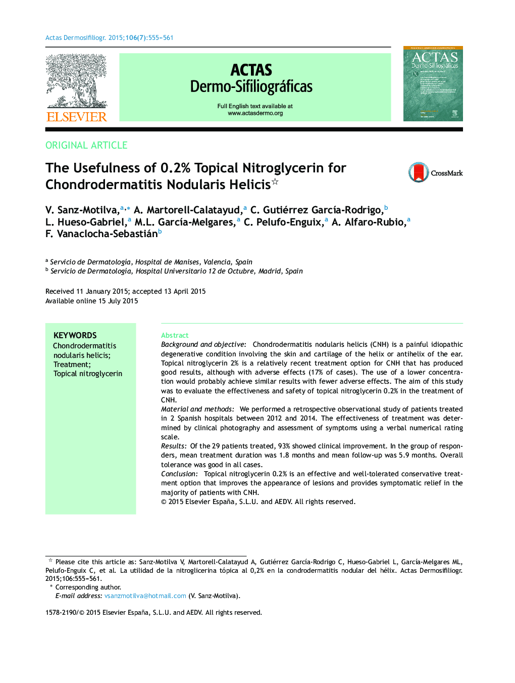 The Usefulness of 0.2% Topical Nitroglycerin for Chondrodermatitis Nodularis Helicis