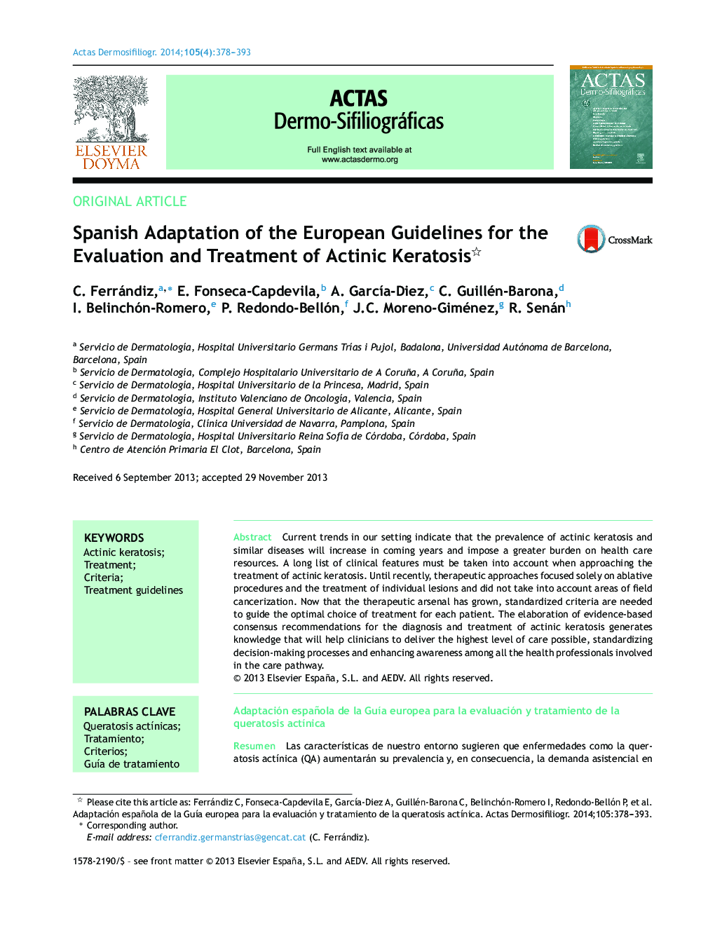 سازگاری اسپانیایی از دستورالعمل های اروپا برای ارزیابی و درمان کراتوز آکتینیک؟ 