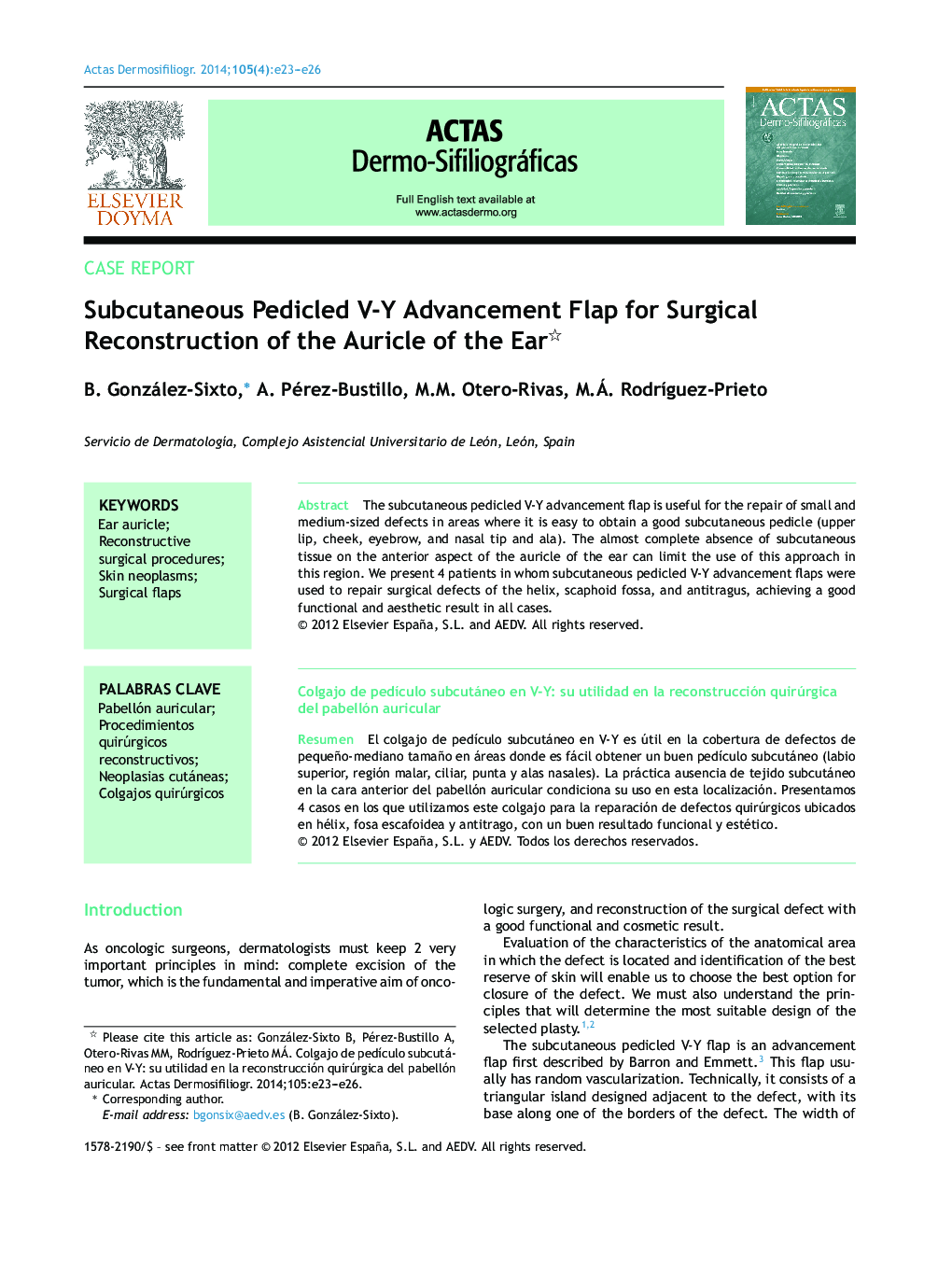 Subcutaneous Pedicled V-Y Advancement Flap for Surgical Reconstruction of the Auricle of the Ear 