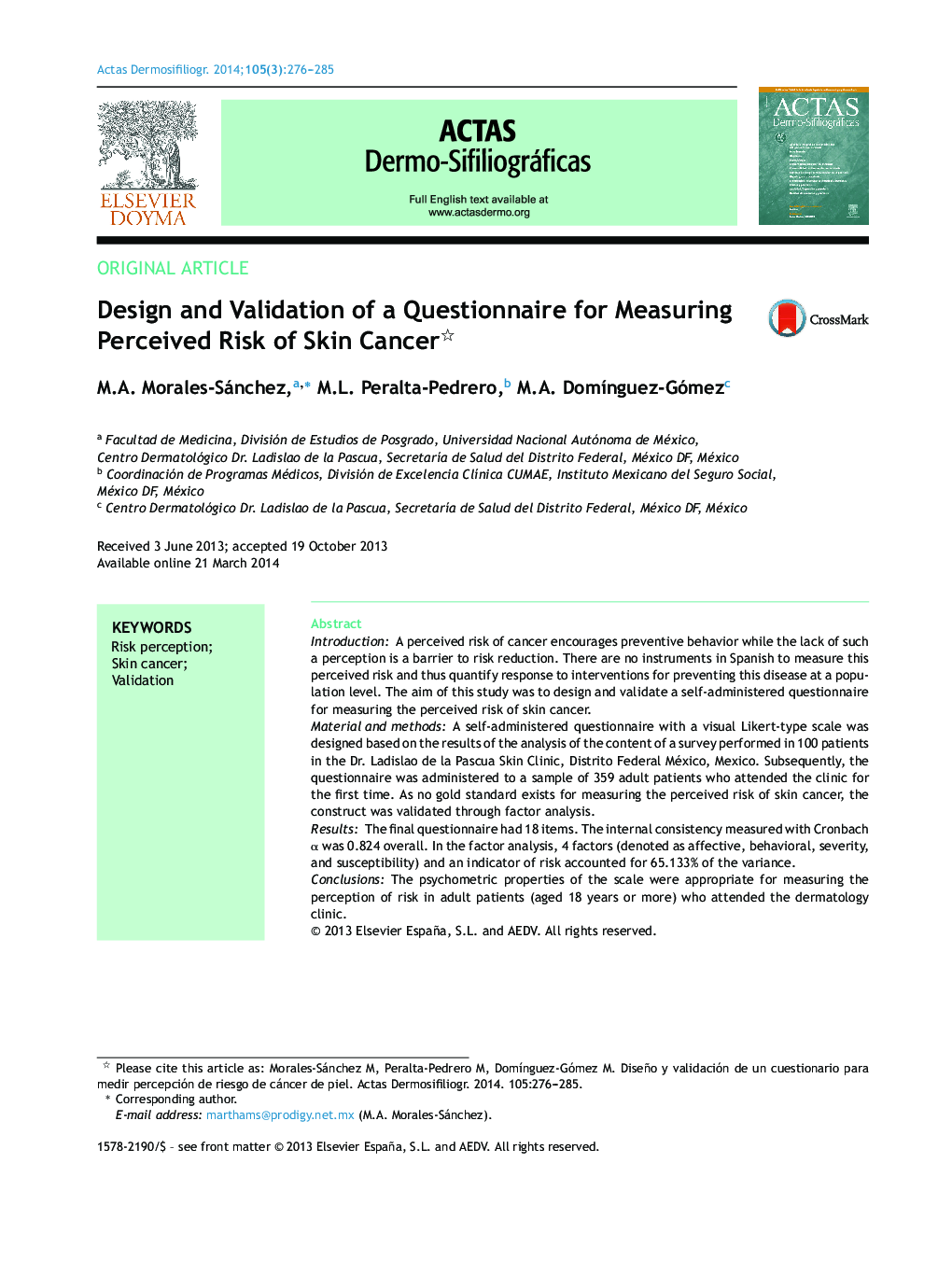 Design and Validation of a Questionnaire for Measuring Perceived Risk of Skin Cancer 