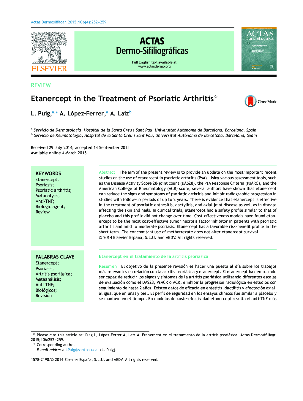 Etanercept in the Treatment of Psoriatic Arthritis 