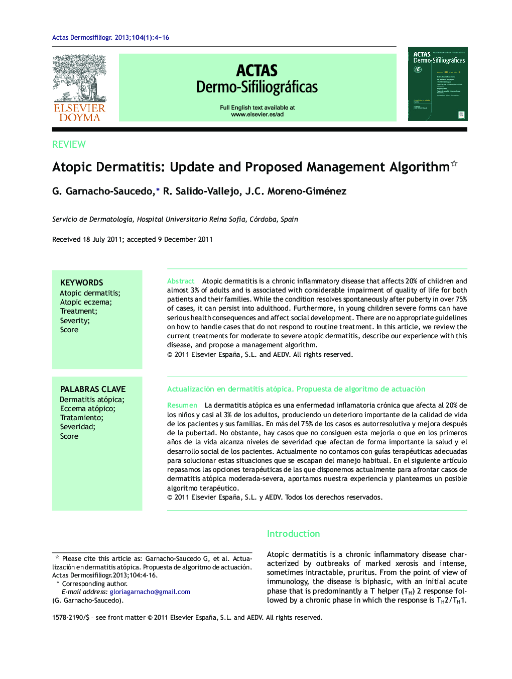 Atopic Dermatitis: Update and Proposed Management Algorithm 