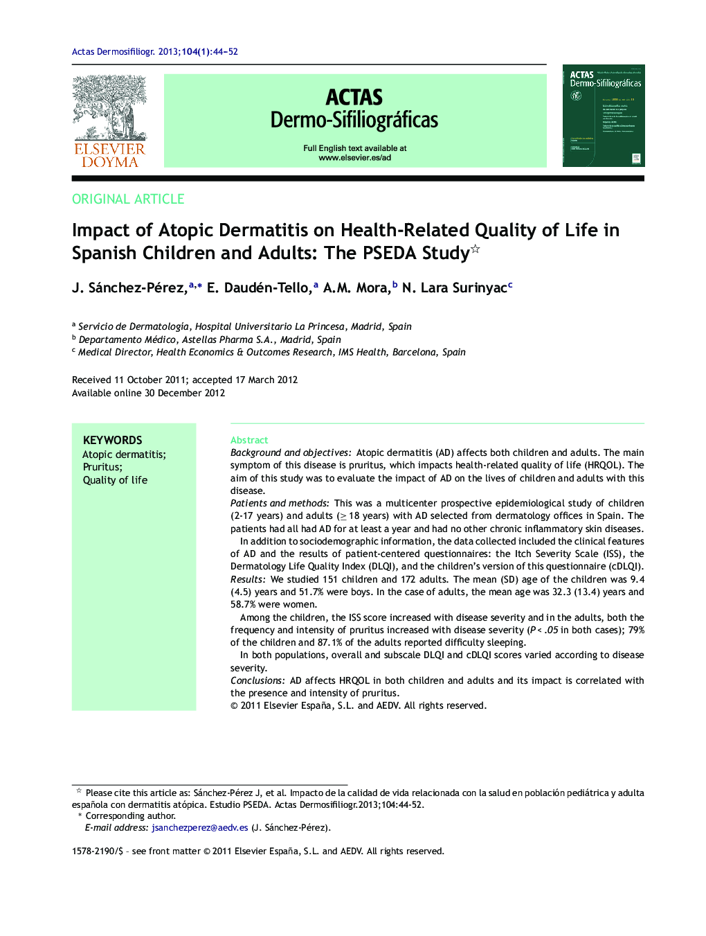 Impact of Atopic Dermatitis on Health-Related Quality of Life in Spanish Children and Adults: The PSEDA Study
