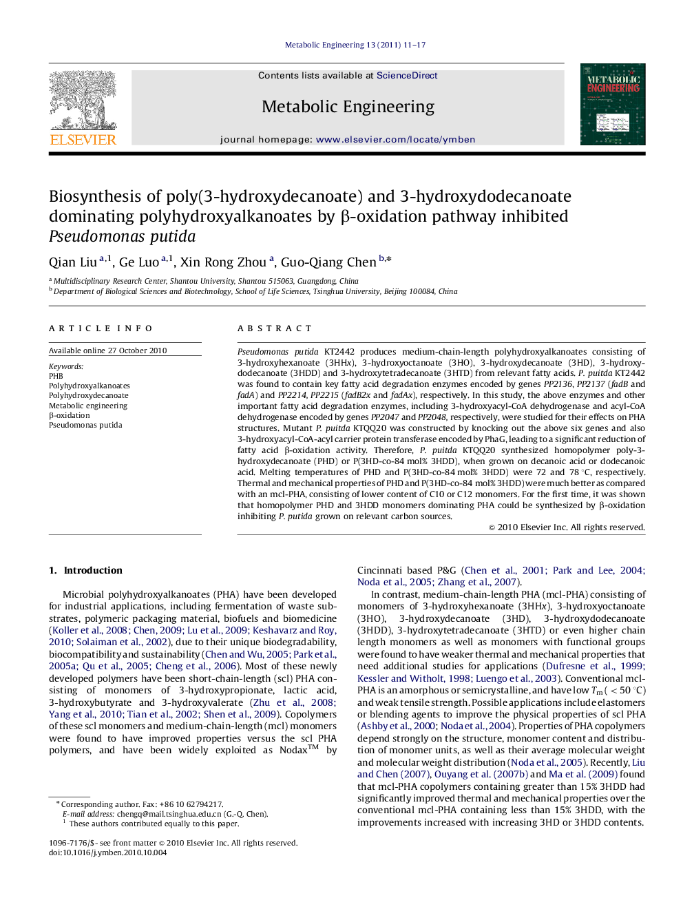 Biosynthesis of poly(3-hydroxydecanoate) and 3-hydroxydodecanoate dominating polyhydroxyalkanoates by β-oxidation pathway inhibited Pseudomonas putida