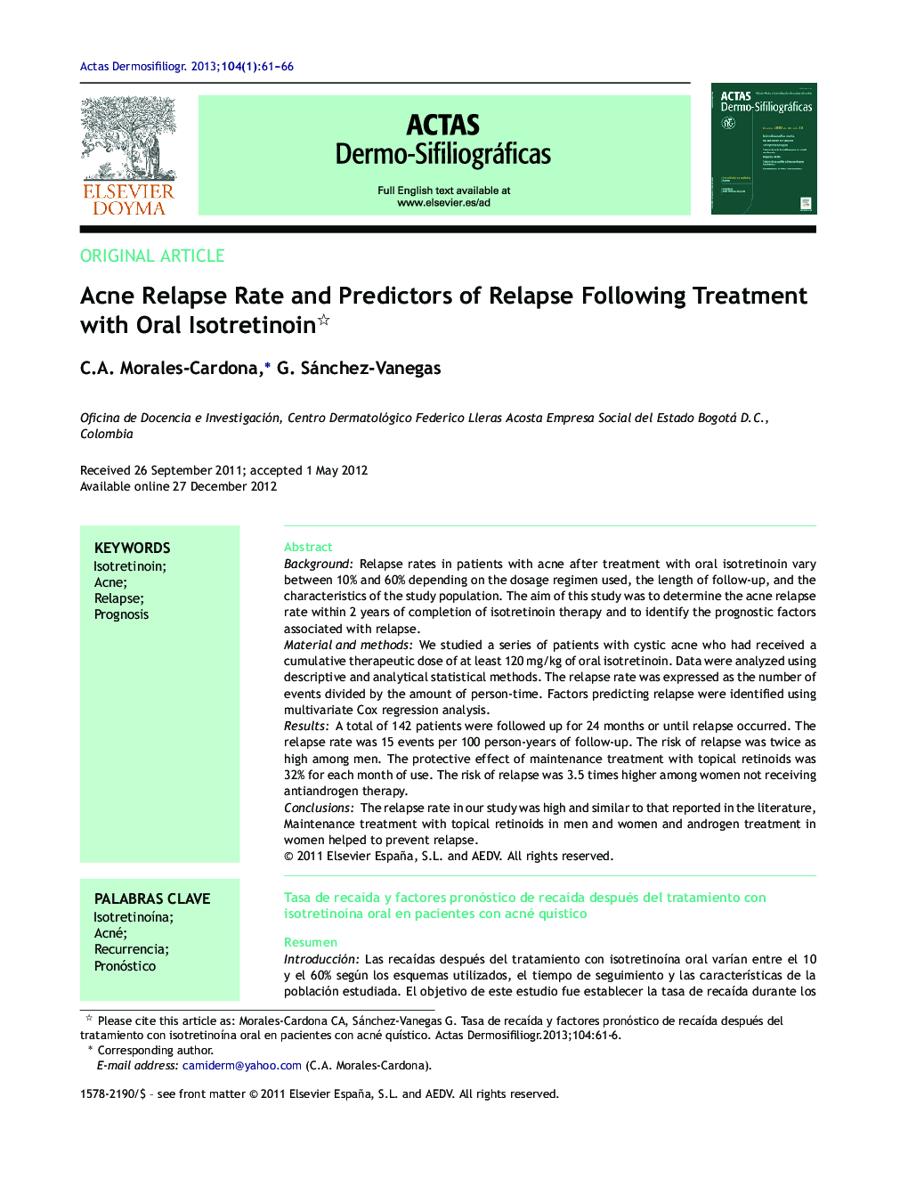 Acne Relapse Rate and Predictors of Relapse Following Treatment with Oral Isotretinoin 