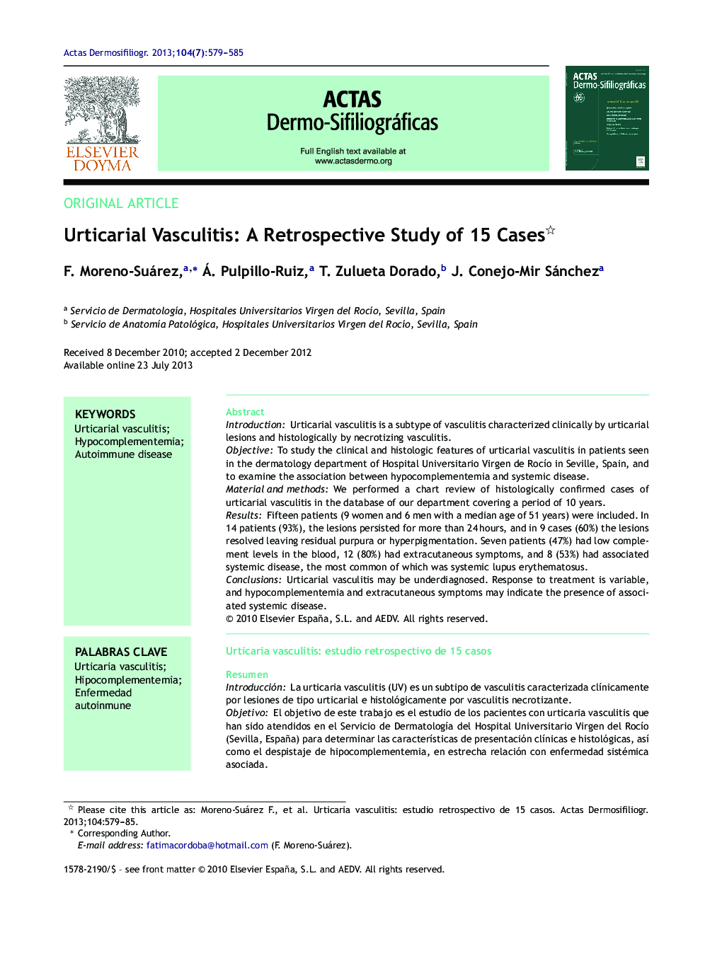 Urticarial Vasculitis: A Retrospective Study of 15 Cases 