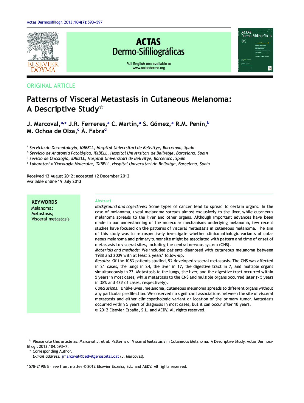 Patterns of Visceral Metastasis in Cutaneous Melanoma: A Descriptive Study 