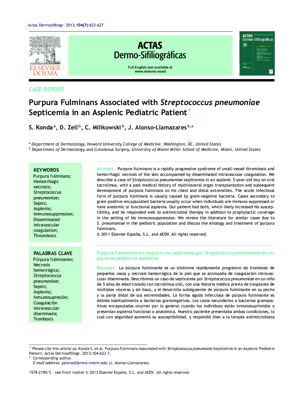 Purpura Fulminans Associated with Streptococcus pneumoniae Septicemia in an Asplenic Pediatric Patient 