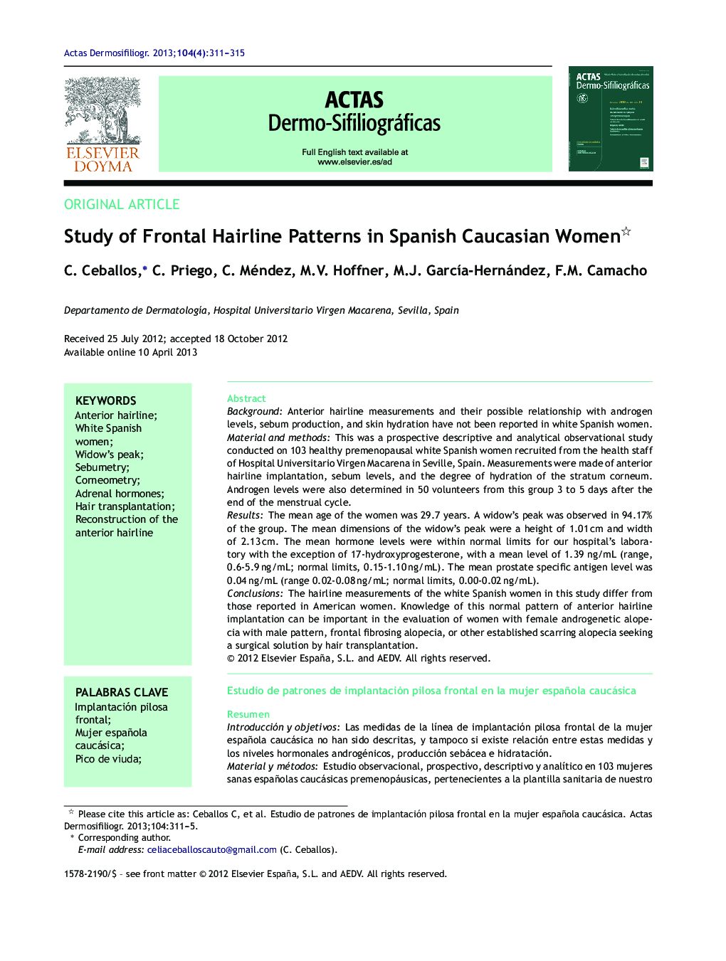 Study of Frontal Hairline Patterns in Spanish Caucasian Women 