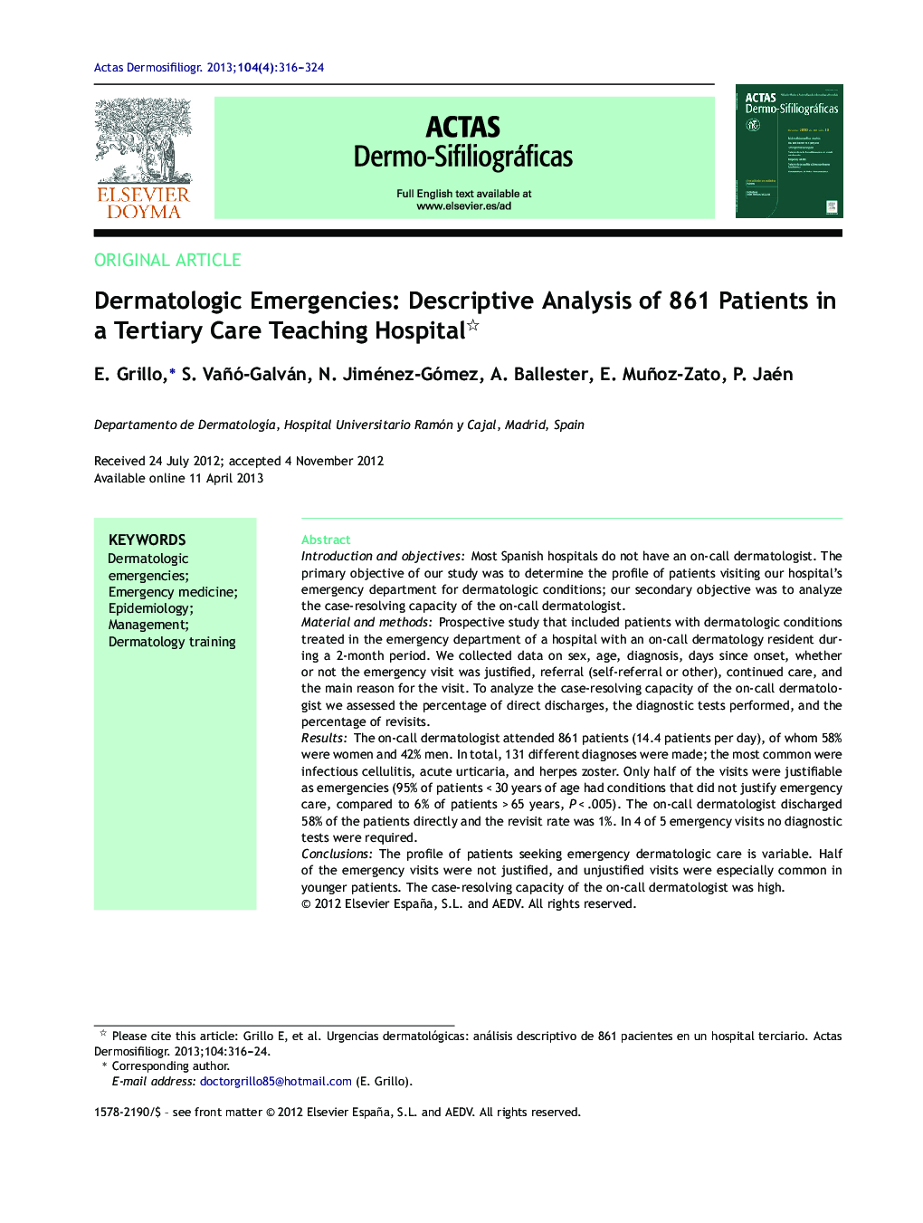 Dermatologic Emergencies: Descriptive Analysis of 861 Patients in a Tertiary Care Teaching Hospital 