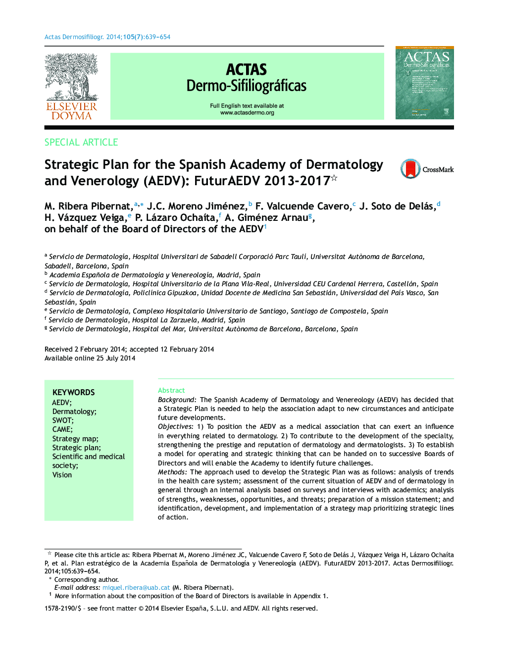 Strategic Plan for the Spanish Academy of Dermatology and Venerology (AEDV): FuturAEDV 2013-2017 