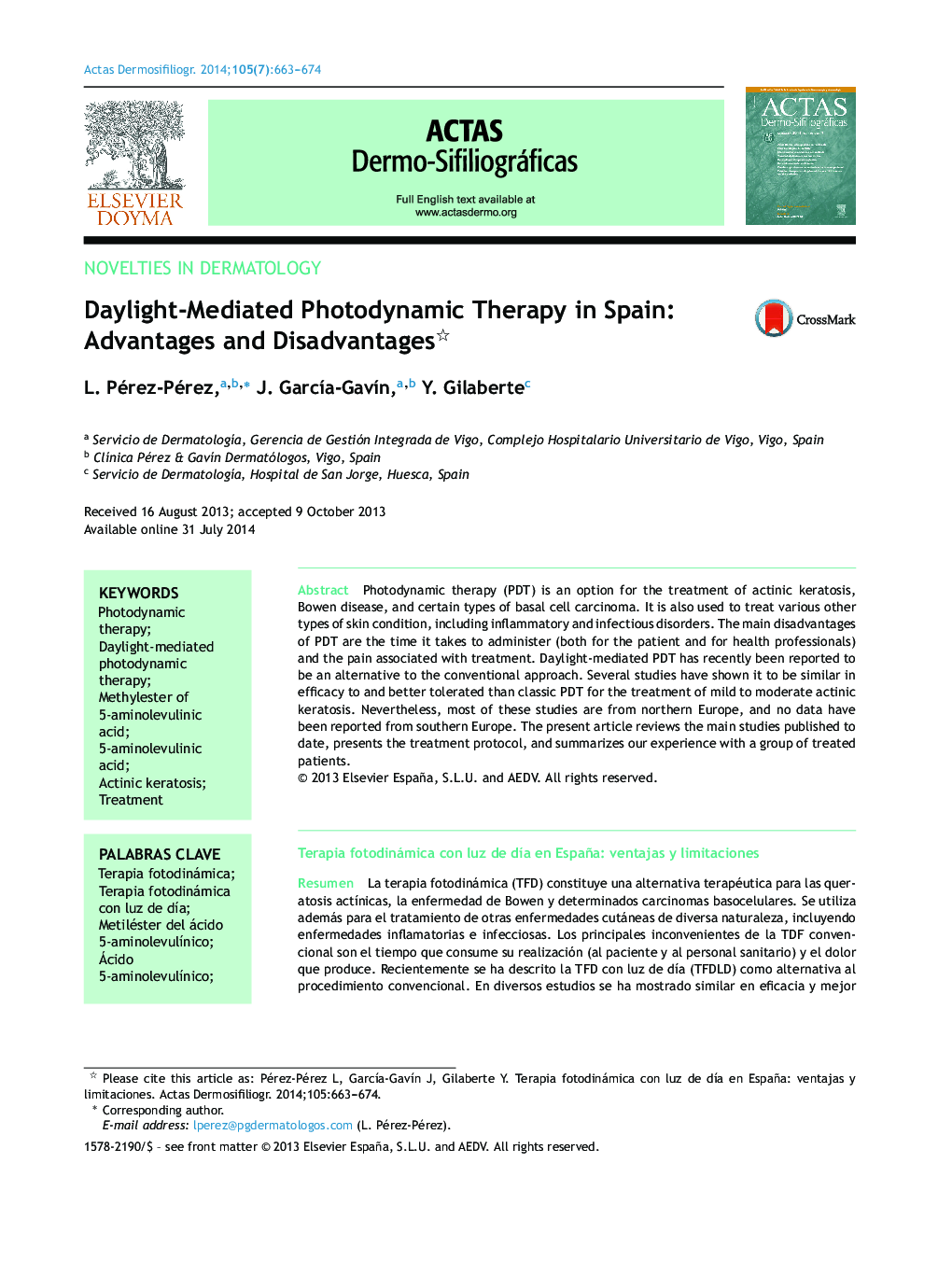 Daylight-Mediated Photodynamic Therapy in Spain: Advantages and Disadvantages 