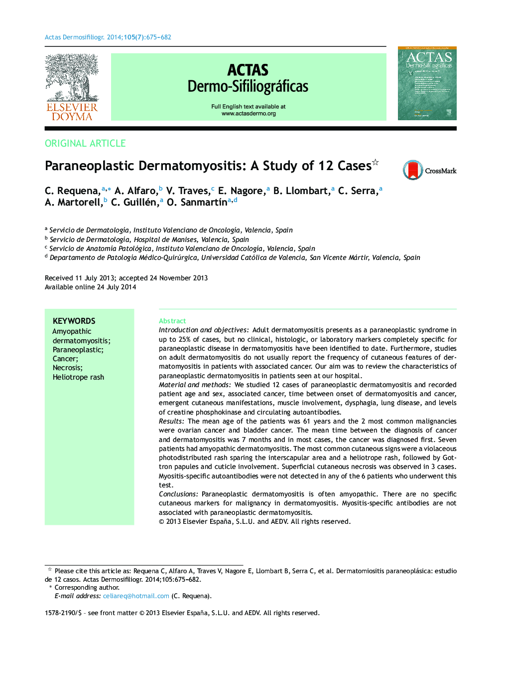 Paraneoplastic Dermatomyositis: A Study of 12 Cases 