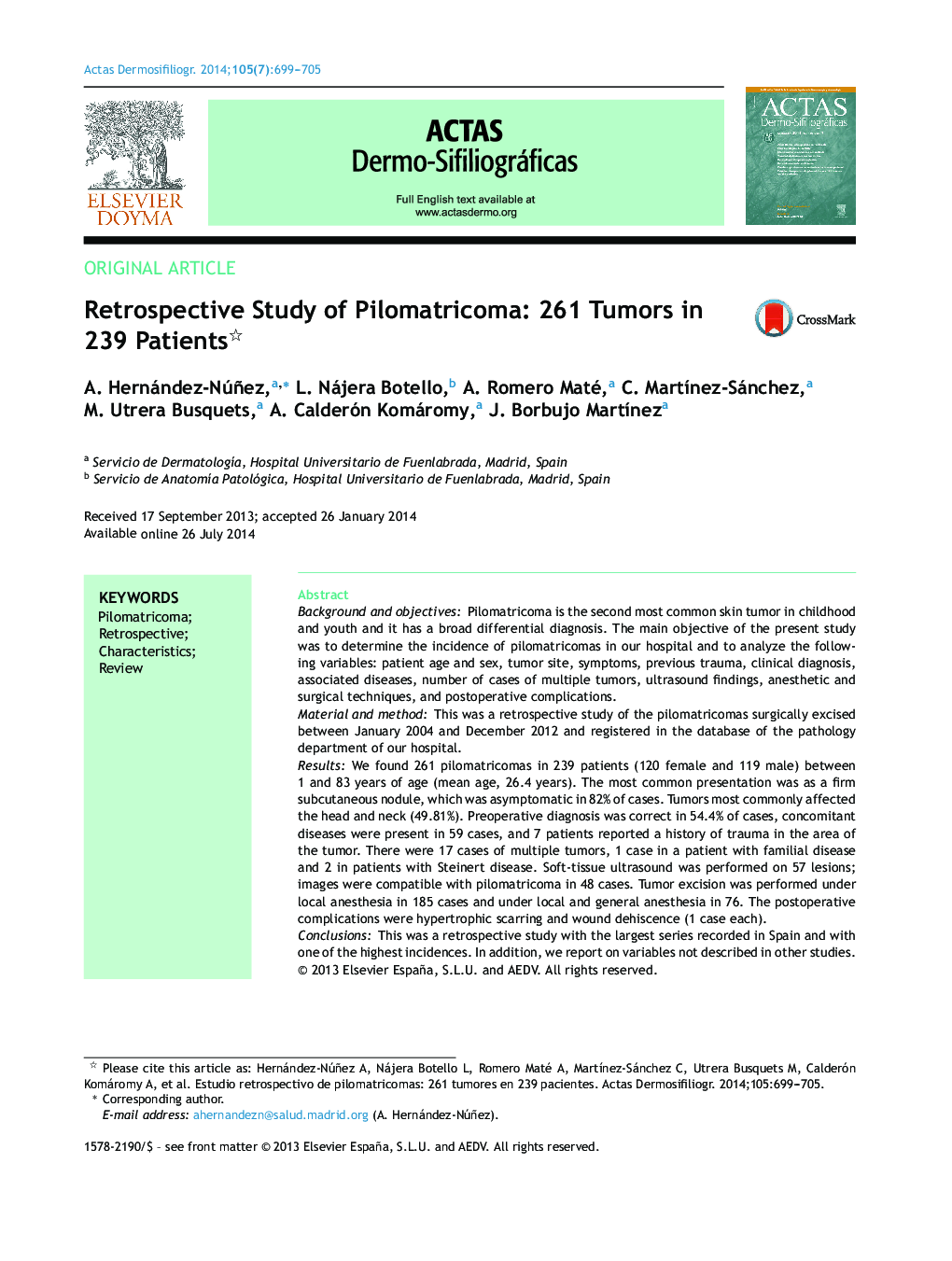 Retrospective Study of Pilomatricoma: 261 Tumors in 239 Patients 