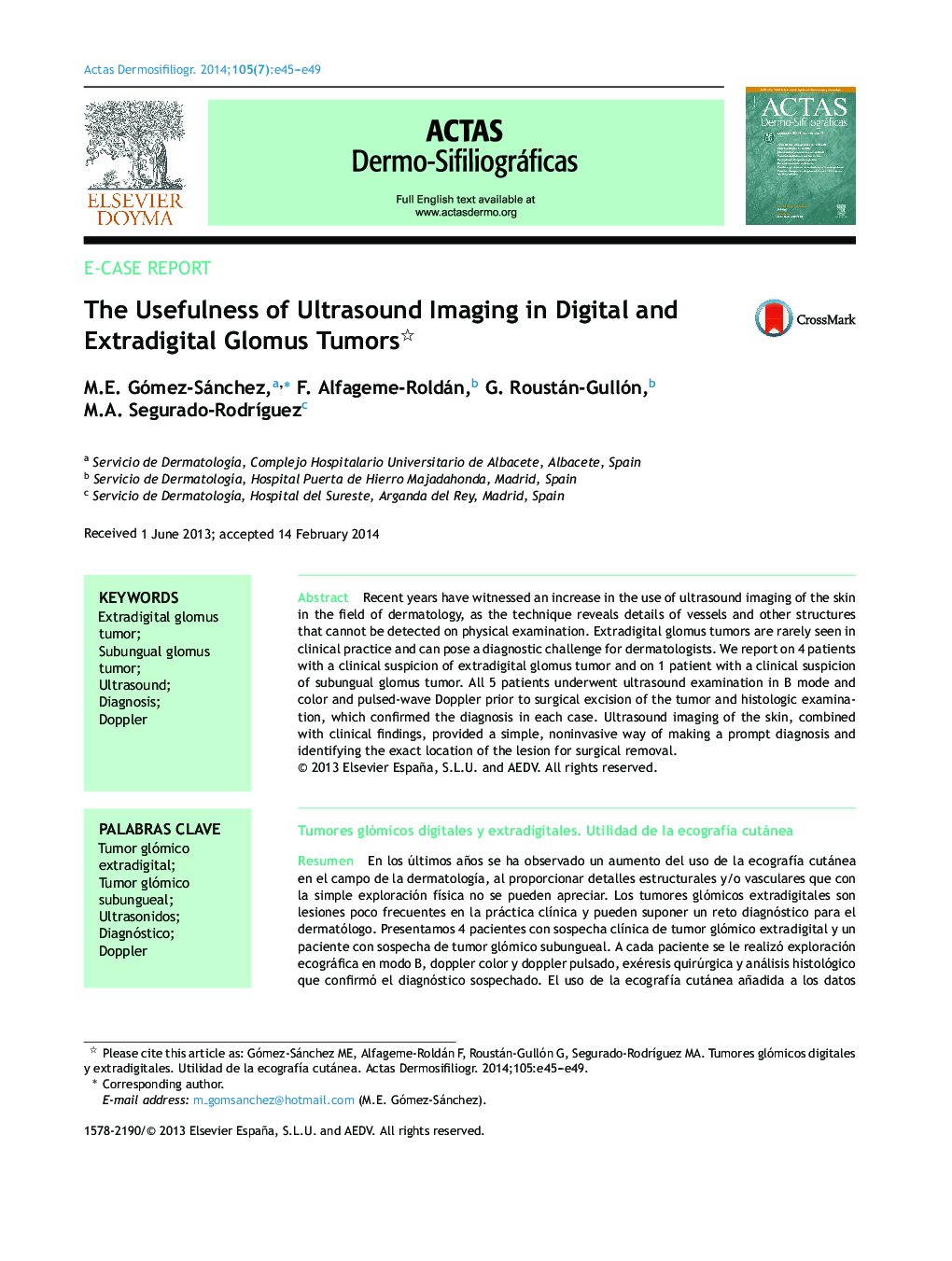 The Usefulness of Ultrasound Imaging in Digital and Extradigital Glomus Tumors 