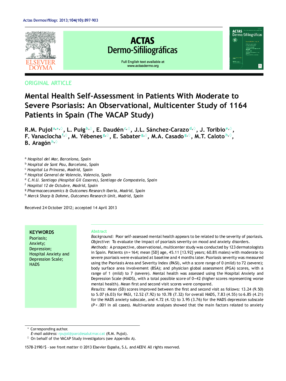 Mental Health Self-Assessment in Patients With Moderate to Severe Psoriasis: An Observational, Multicenter Study of 1164 Patients in Spain (The VACAP Study)
