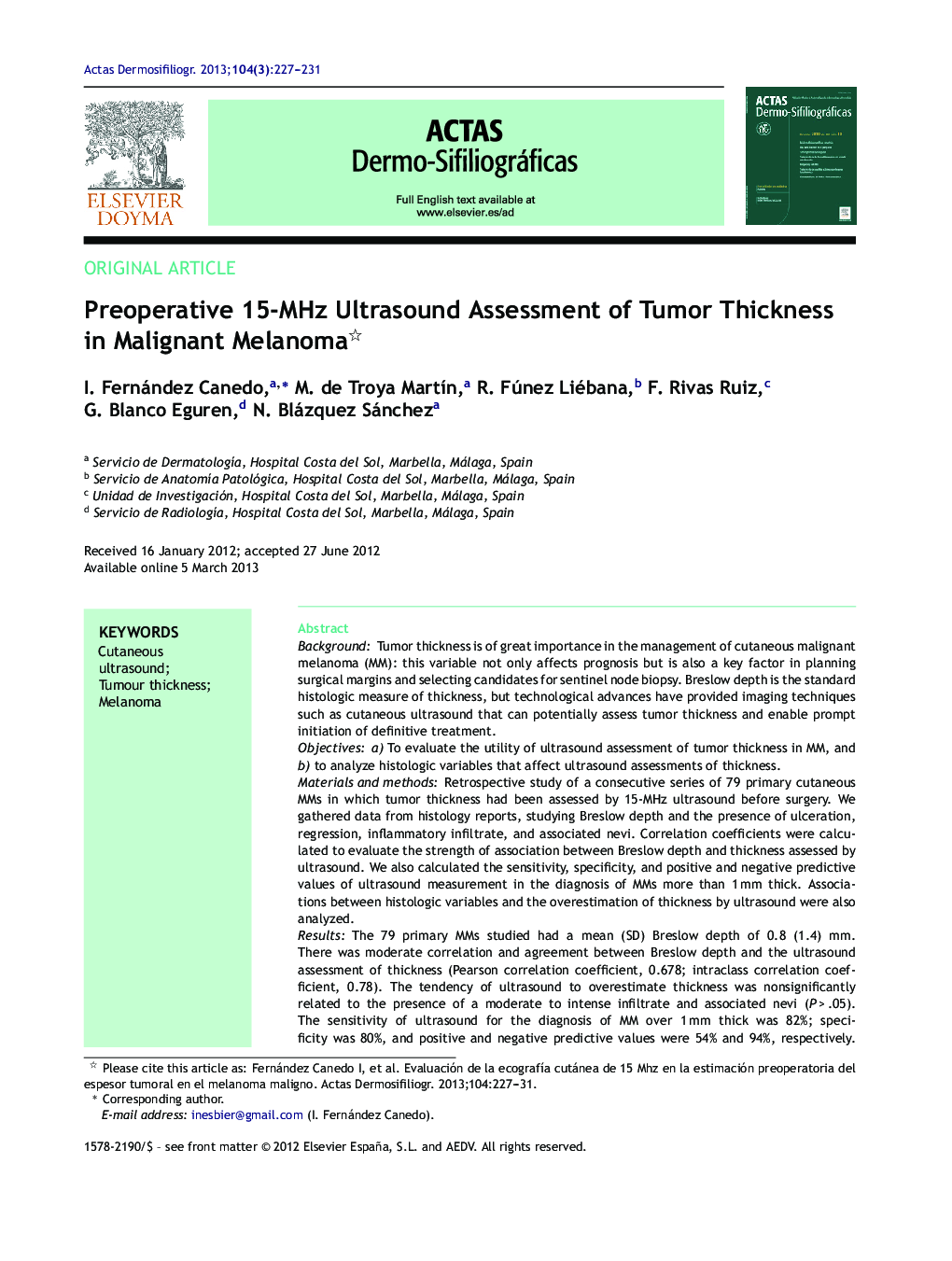 Preoperative 15-MHz Ultrasound Assessment of Tumor Thickness in Malignant Melanoma