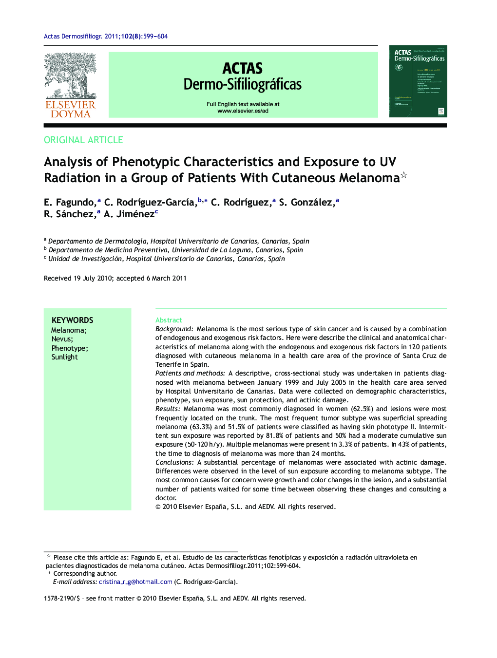 Analysis of Phenotypic Characteristics and Exposure to UV Radiation in a Group of Patients With Cutaneous Melanoma 