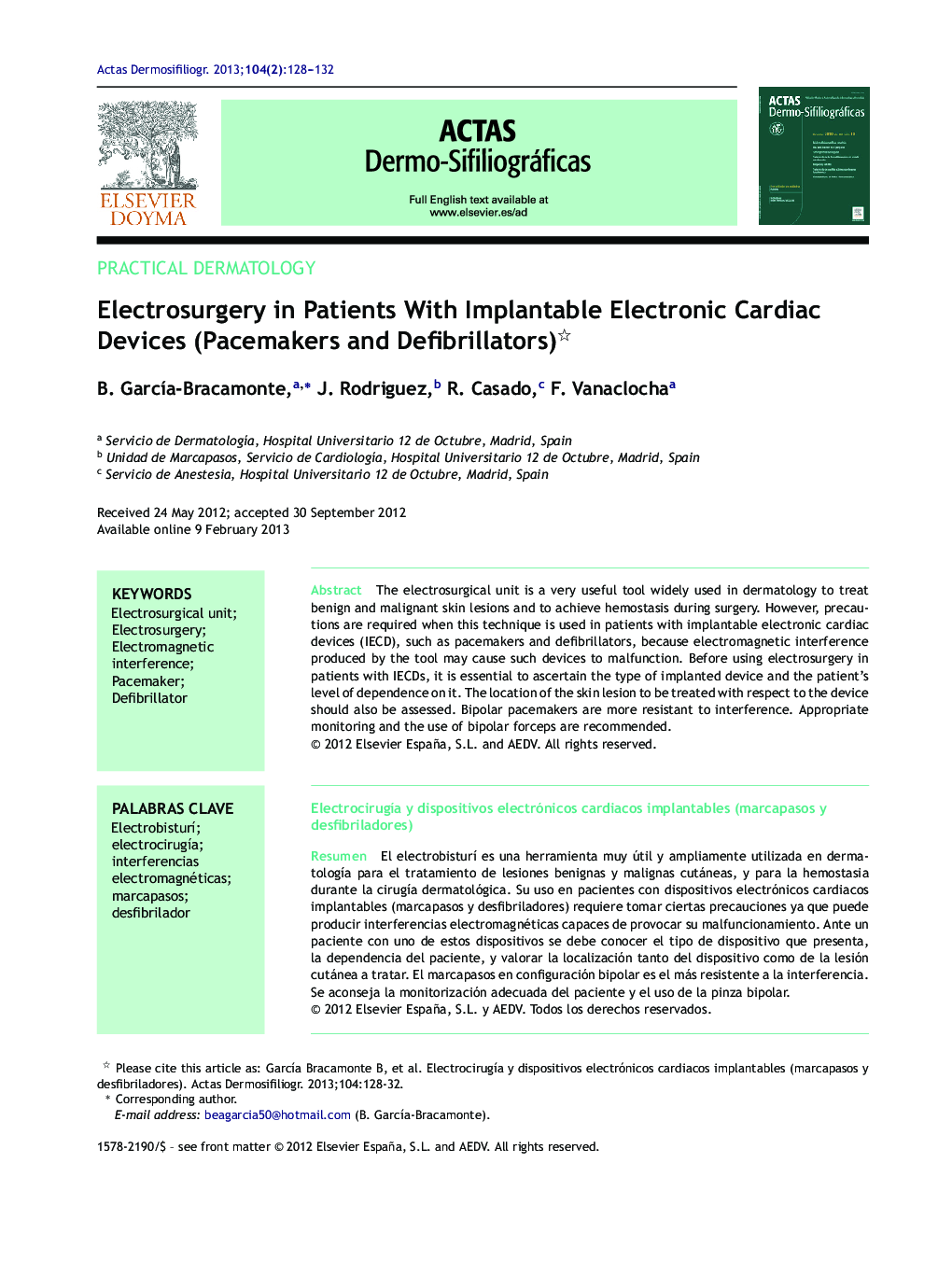 Electrosurgery in Patients With Implantable Electronic Cardiac Devices (Pacemakers and Defibrillators) 
