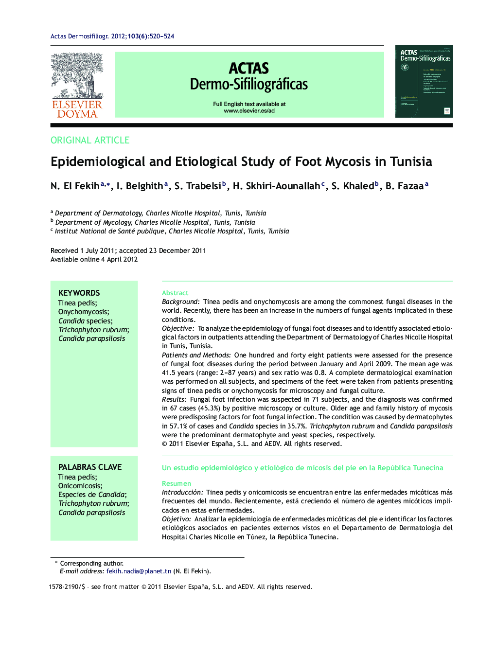 Epidemiological and Etiological Study of Foot Mycosis in Tunisia