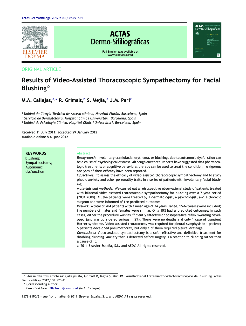 Results of Video-Assisted Thoracoscopic Sympathectomy for Facial Blushing