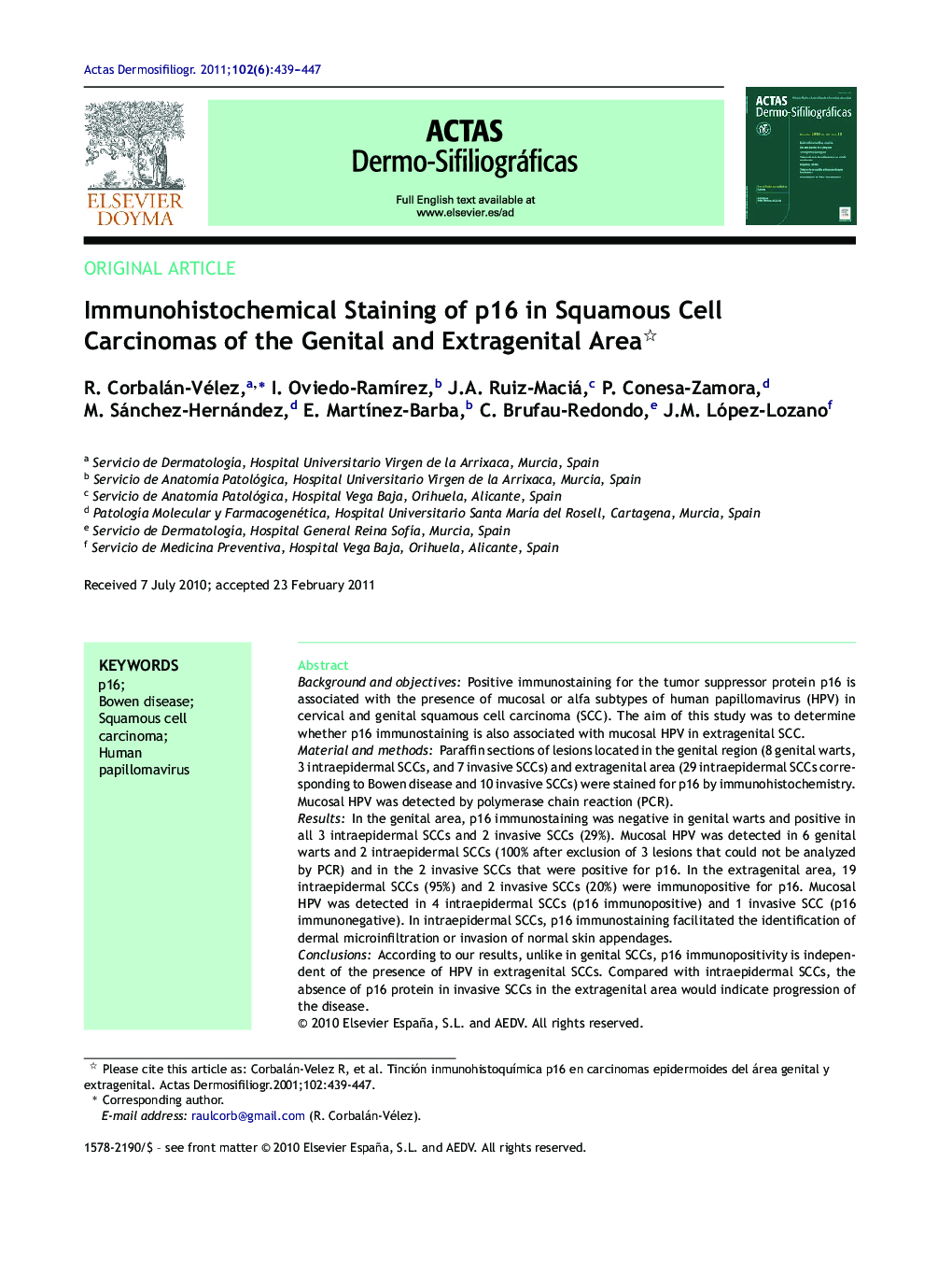 Immunohistochemical Staining of p16 in Squamous Cell Carcinomas of the Genital and Extragenital Area 