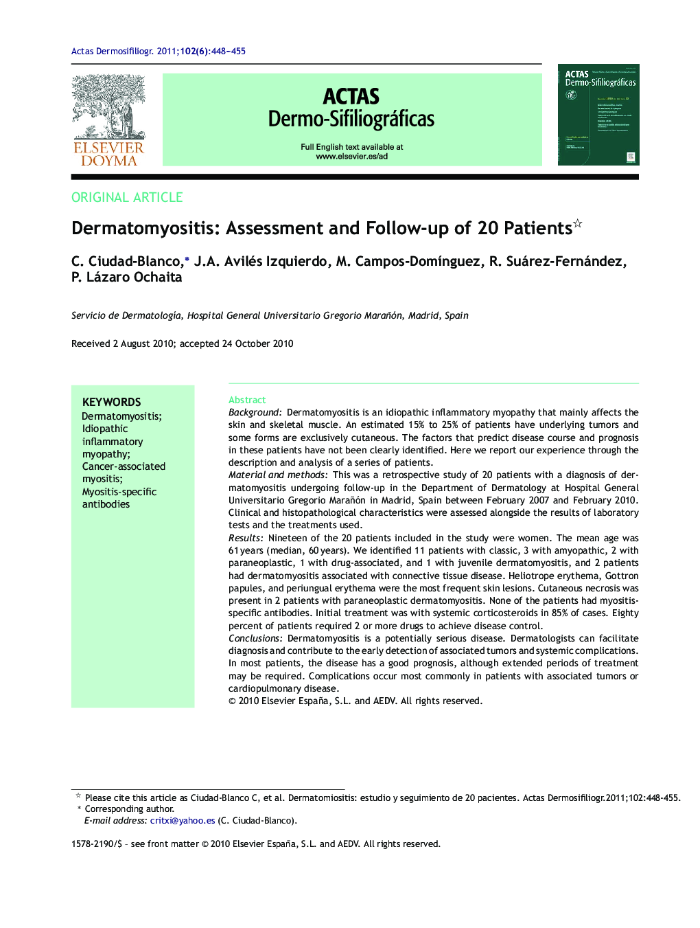 Dermatomyositis: Assessment and Follow-up of 20 Patients 
