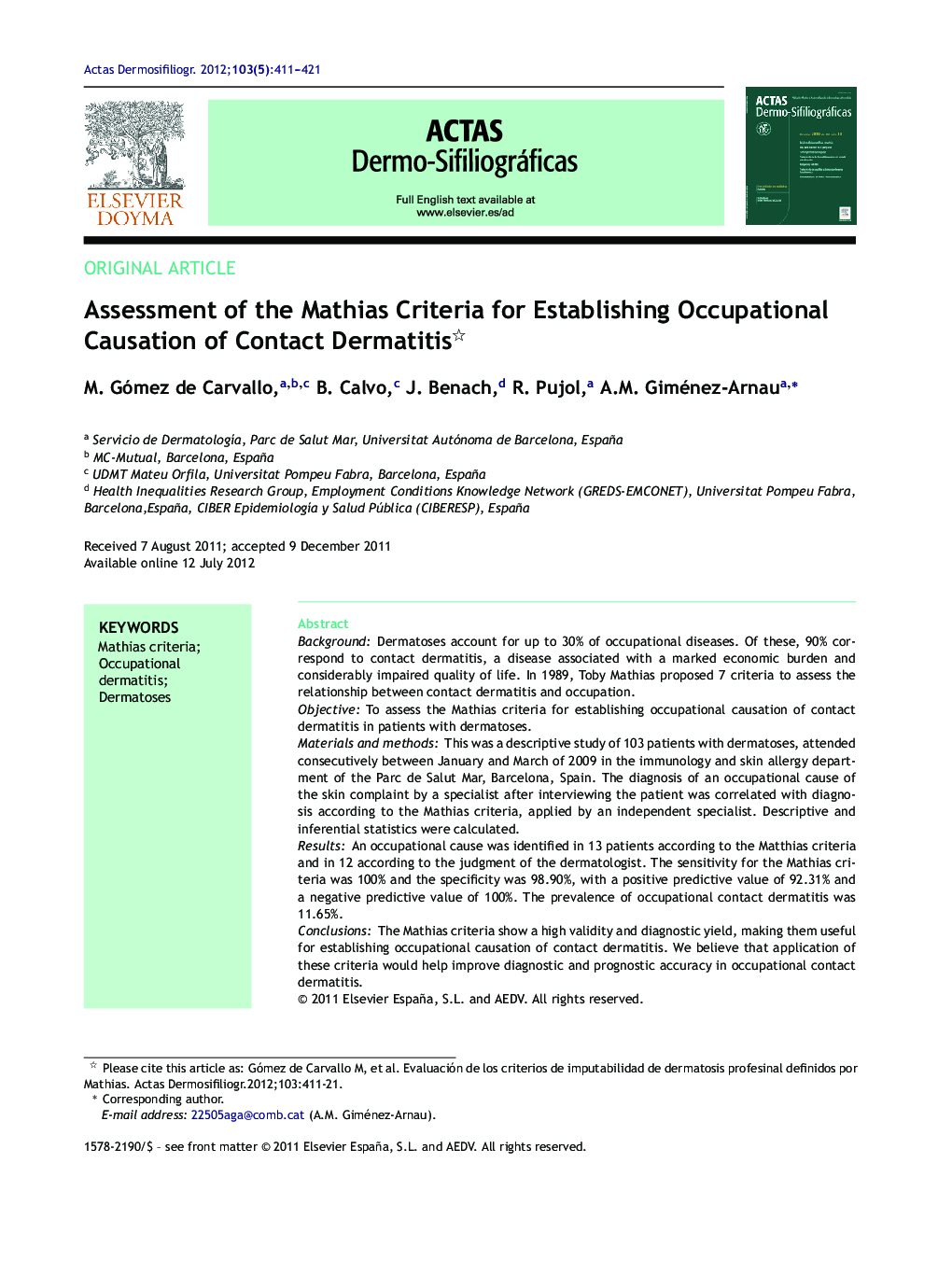 Assessment of the Mathias Criteria for Establishing Occupational Causation of Contact Dermatitis 