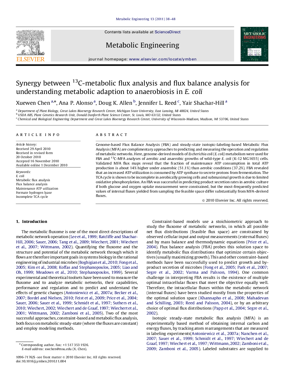 Synergy between 13C-metabolic flux analysis and flux balance analysis for understanding metabolic adaption to anaerobiosis in E. coli