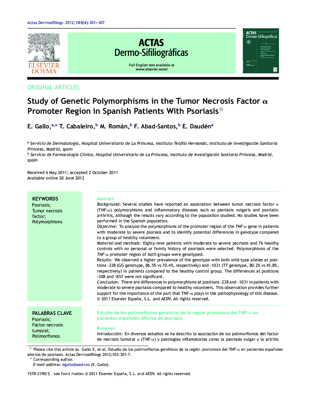 Study of Genetic Polymorphisms in the Tumor Necrosis Factor α Promoter Region in Spanish Patients With Psoriasis 