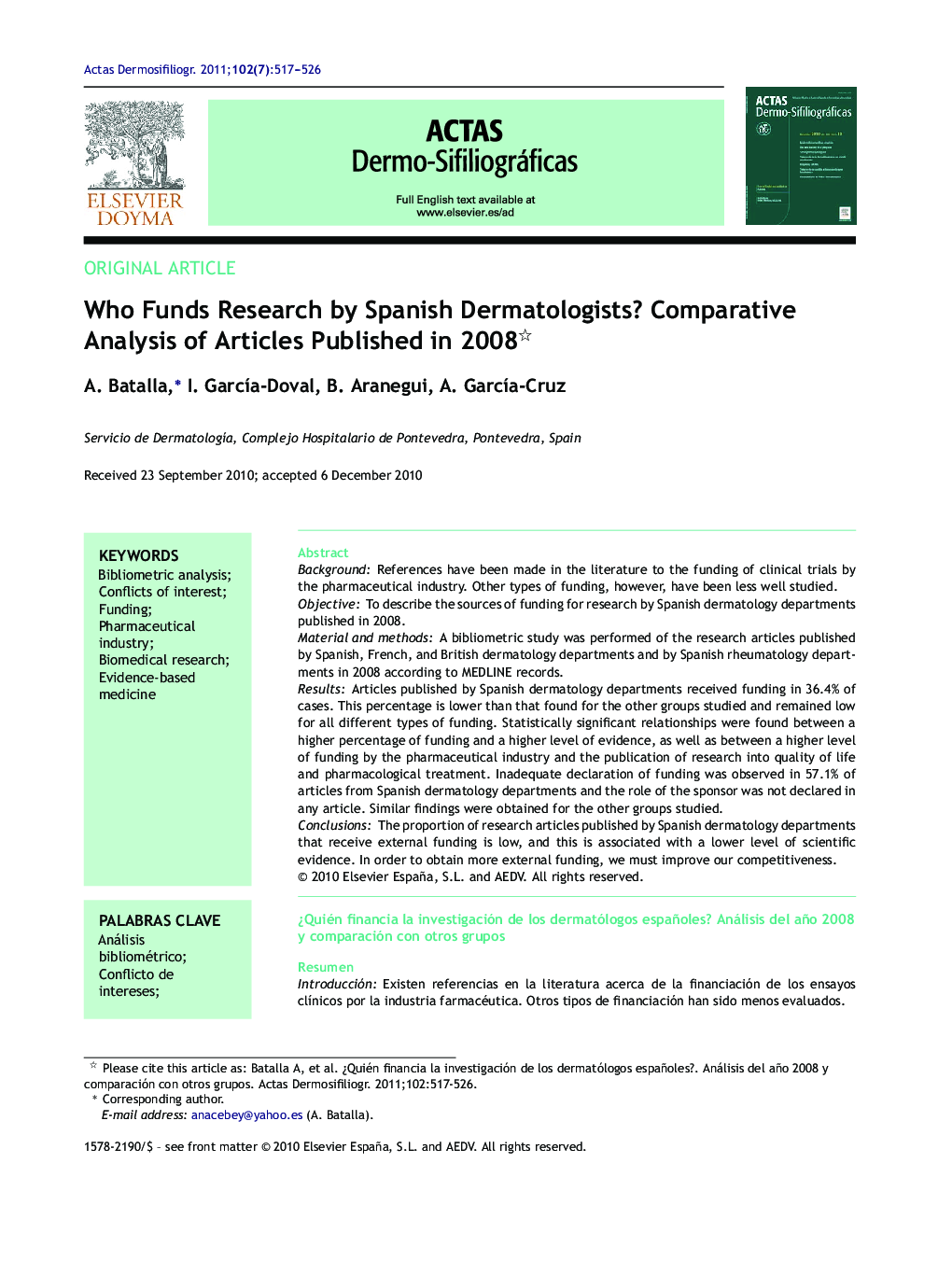 Who Funds Research by Spanish Dermatologists? Comparative Analysis of Articles Published in 2008