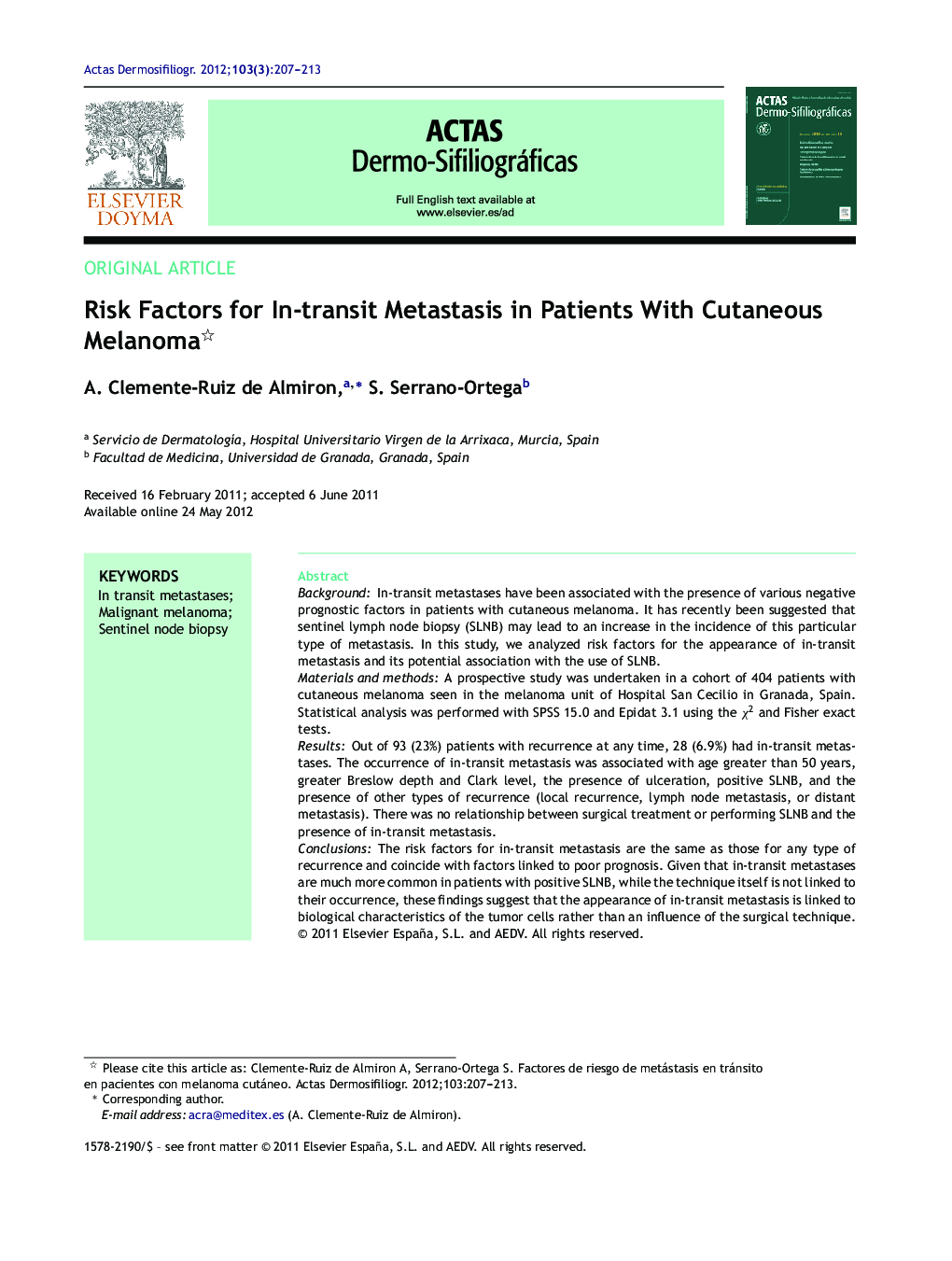 Risk Factors for In-transit Metastasis in Patients With Cutaneous Melanoma 