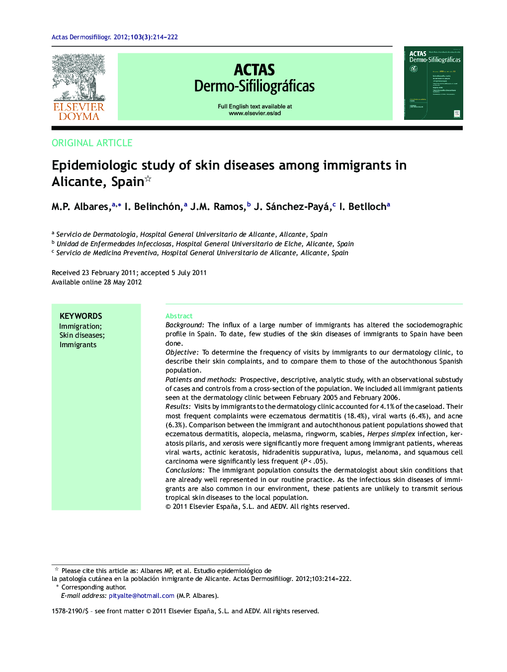 Epidemiologic study of skin diseases among immigrants in Alicante, Spain 