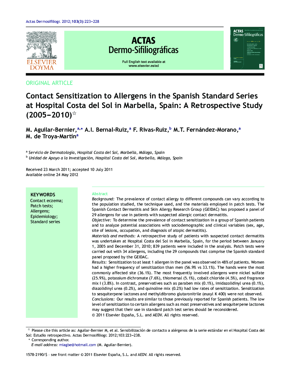 Contact Sensitization to Allergens in the Spanish Standard Series at Hospital Costa del Sol in Marbella, Spain: A Retrospective Study (2005–2010) 