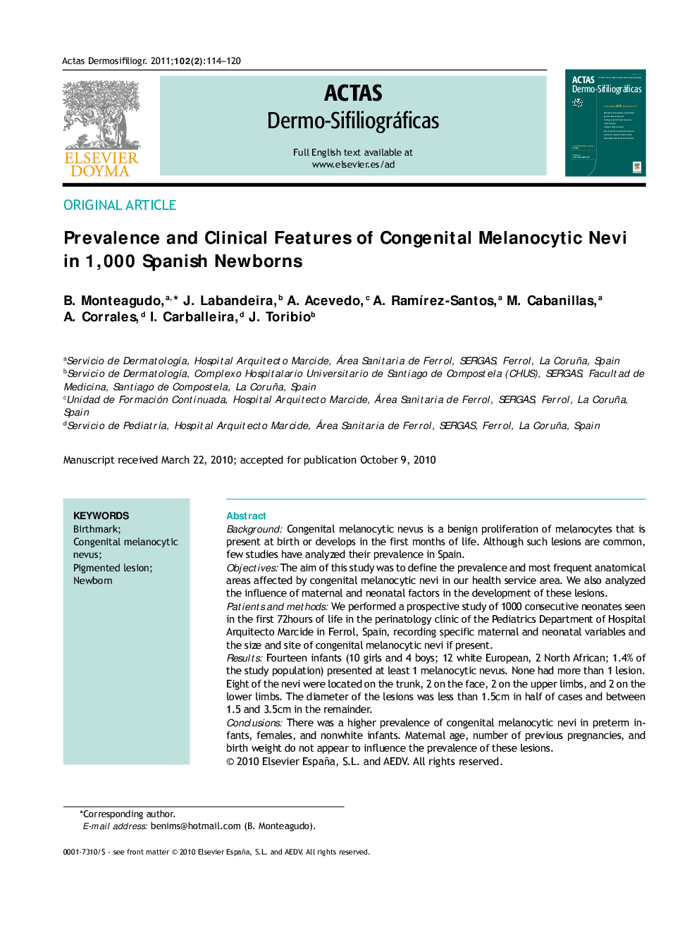 Prevalence and Clinical Features of Congenital Melanocytic Nevi in 1,000 Spanish Newborns